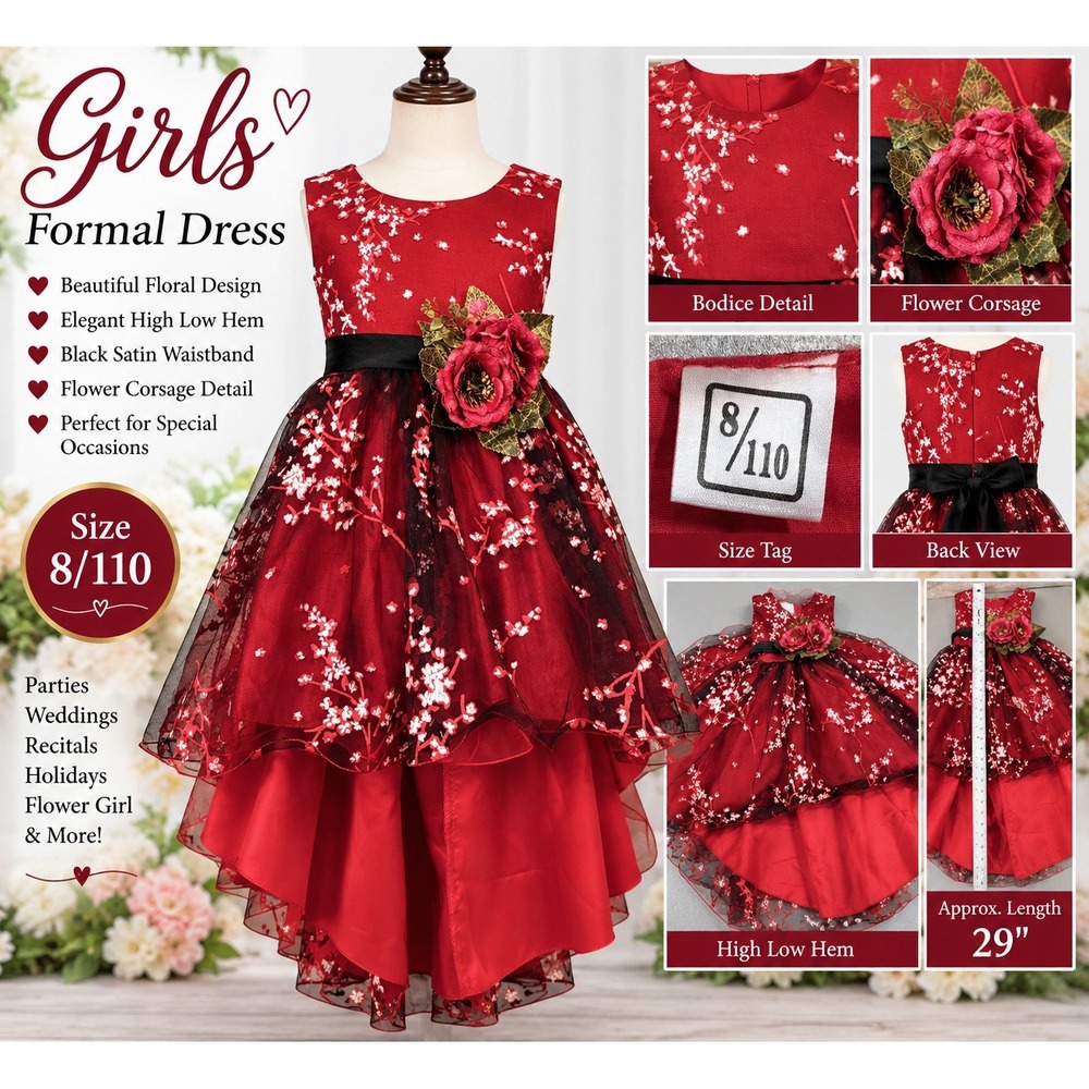 Girls Red Floral High Low Formal Dress Size 8/110 Flower Girl Wedding Recital